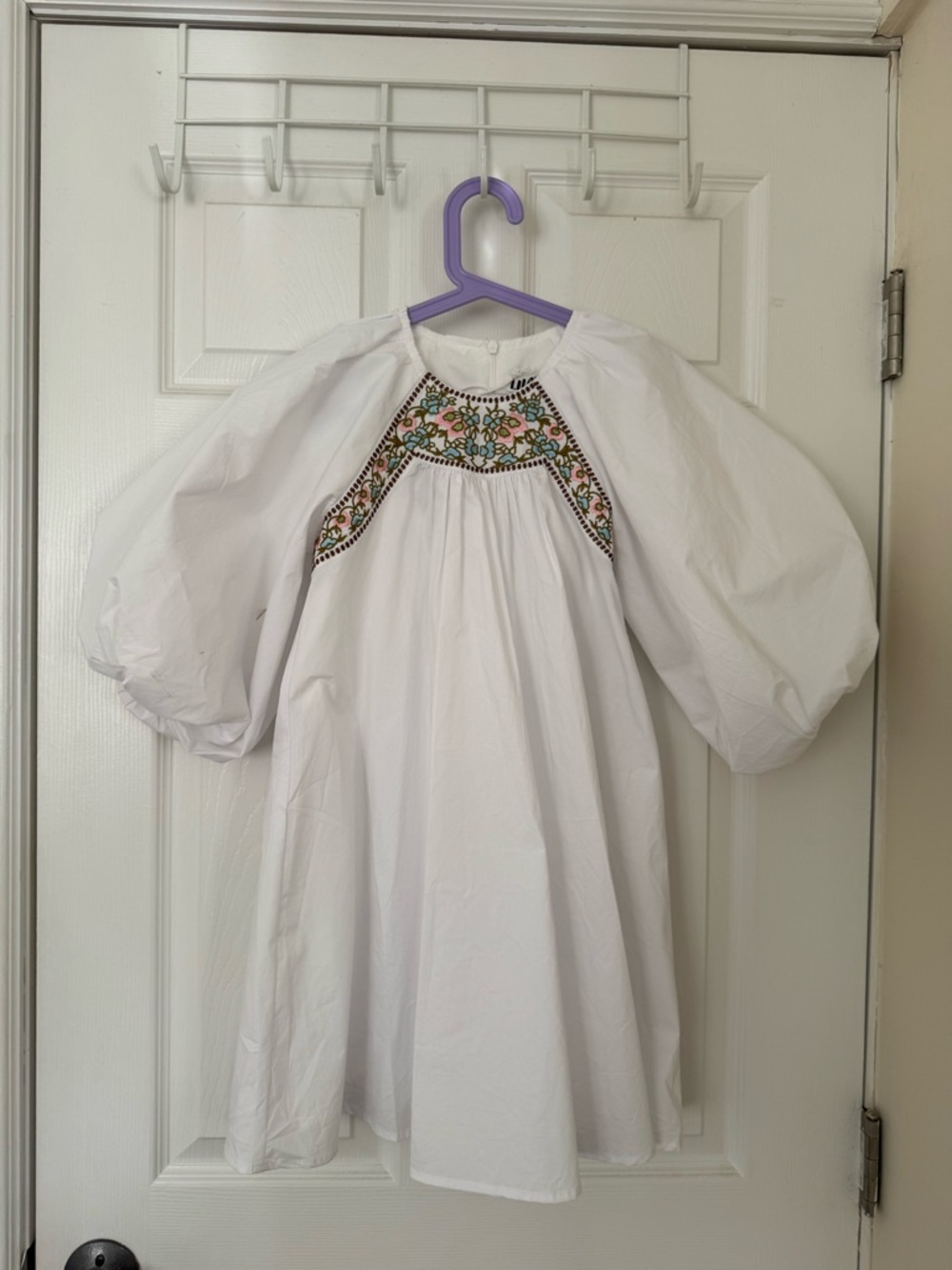 Poplin Embroidered Chest Detail Dress - White with Pastel Floral